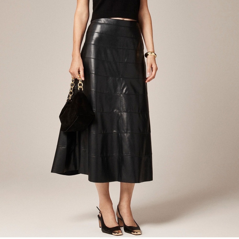 New J.Crew Black Leather Tiered Paneled‎ Faux Leather Midi Skirt Size 4